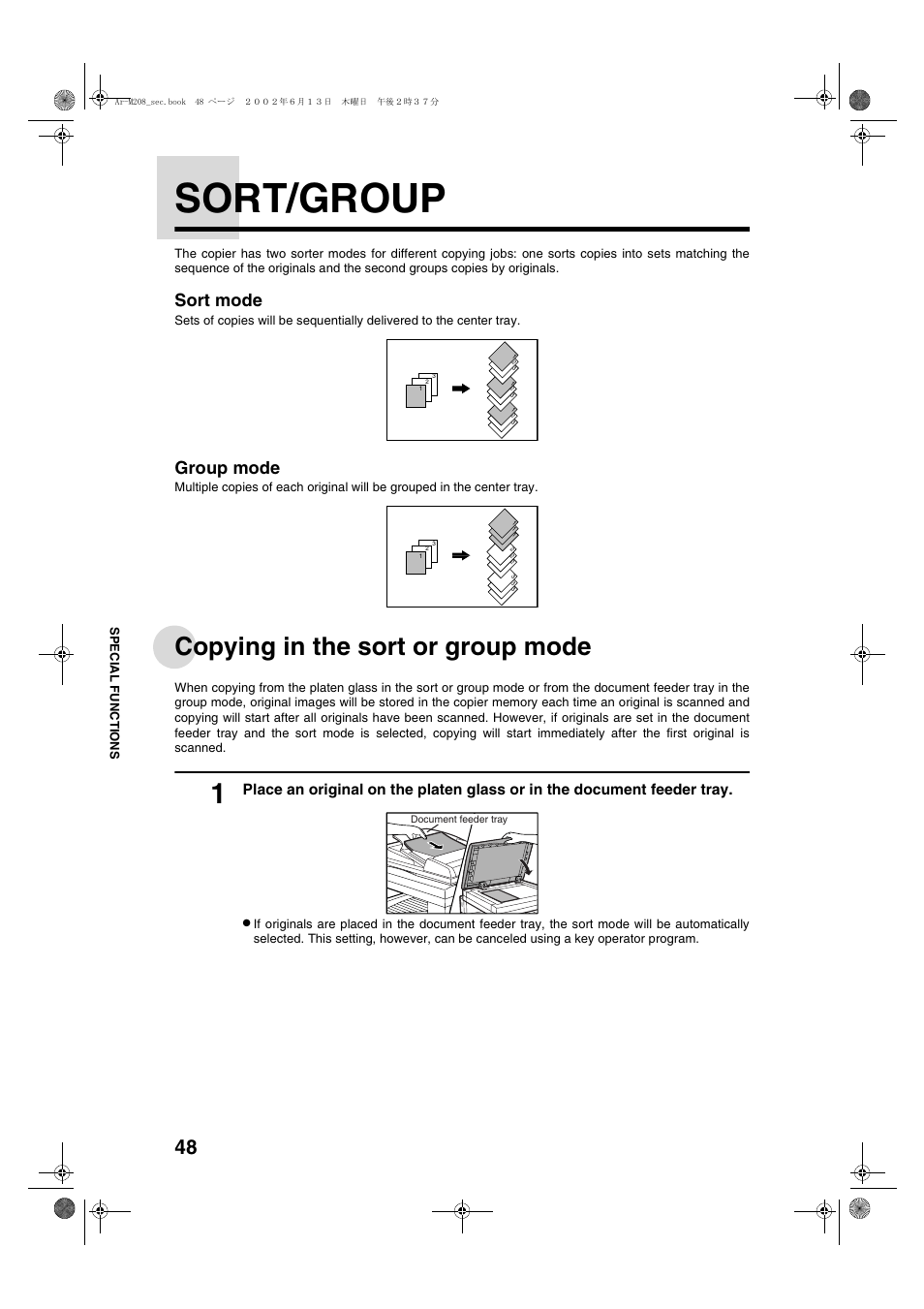 Sort/group, Copying in the sort or group mode, Sort mode | Group mode | Sharp AR-M208 User Manual | Page 50 / 128
