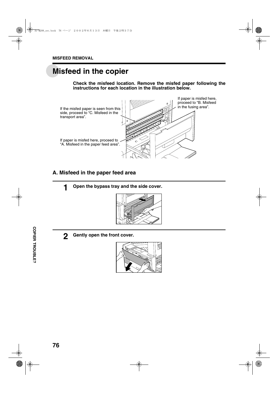 Misfeed in the copier | Sharp AR-M208 User Manual | Page 78 / 128