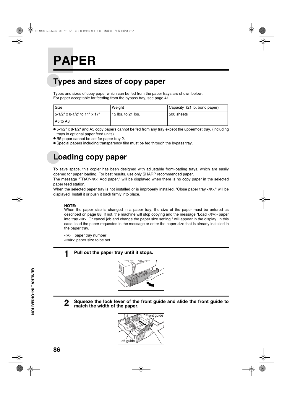 Paper, Types and sizes of copy paper, Loading copy paper | Sharp AR-M208 User Manual | Page 88 / 128
