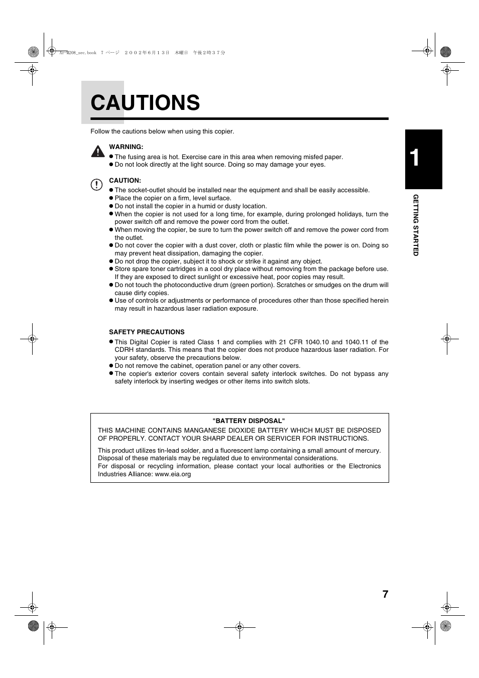 Cautions | Sharp AR-M208 User Manual | Page 9 / 128