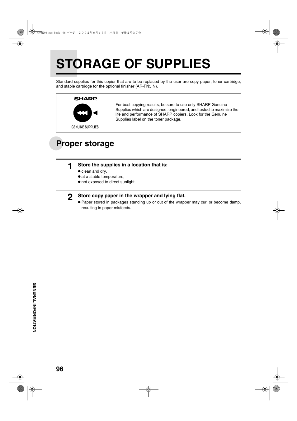 Storage of supplies, Proper storage | Sharp AR-M208 User Manual | Page 98 / 128