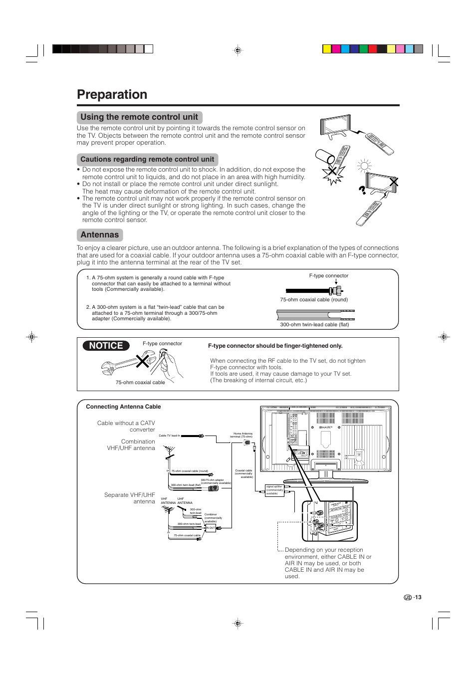 Preparation, Using the remote control unit, Cautions regarding remote control unit | Antennas, Notice | Sharp Aquos LC 32D4U User Manual | Page 14 / 61