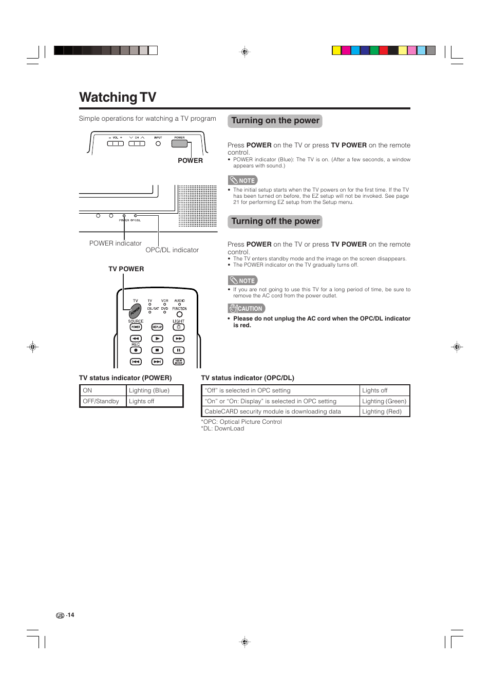 Watching tv, Turning on the power, Turning off the power | Sharp Aquos LC 32D4U User Manual | Page 15 / 61