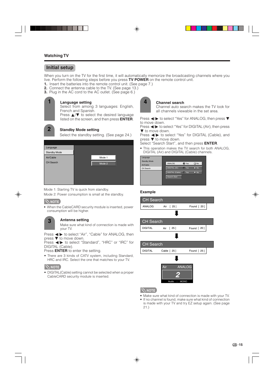 Initial setup, Watching tv, Ch search | Sharp Aquos LC 32D4U User Manual | Page 16 / 61