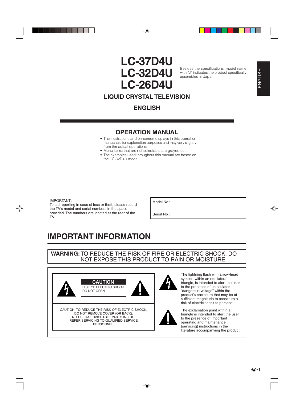 Important information, Liquid crystal television english operation manual | Sharp Aquos LC 32D4U User Manual | Page 2 / 61