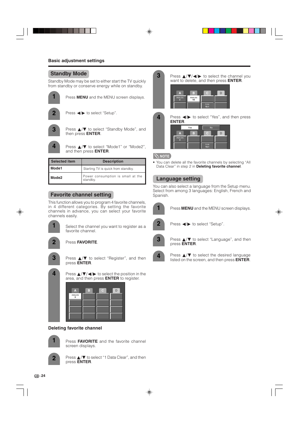 Standby mode, Favorite channel setting, Language setting | Sharp Aquos LC 32D4U User Manual | Page 25 / 61