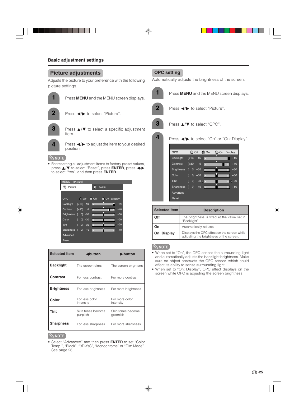 Picture adjustments, Opc setting, Basic adjustment settings | Sharp Aquos LC 32D4U User Manual | Page 26 / 61