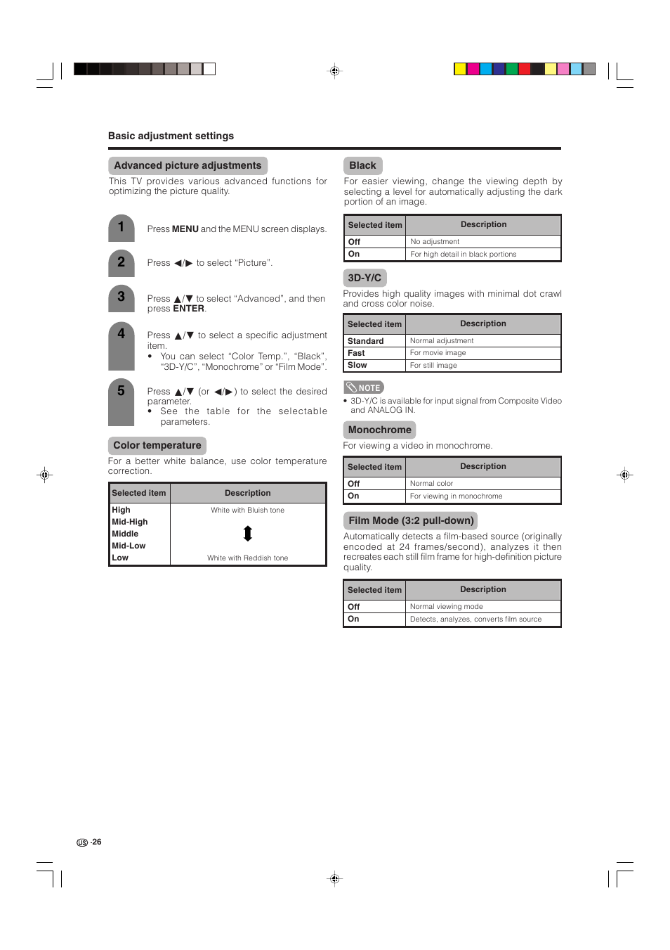 Advanced picture adjustments, Color temperature, Black | 3d-y/c, Monochrome, Film mode (3:2 pull-down) | Sharp Aquos LC 32D4U User Manual | Page 27 / 61