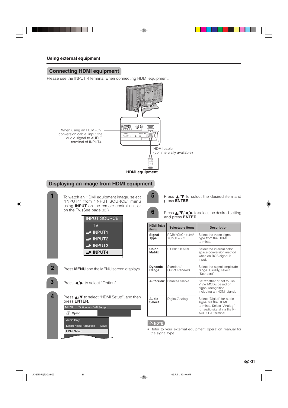 Connecting hdmi equipment, Displaying an image from hdmi equipment | Sharp Aquos LC 32D4U User Manual | Page 32 / 61