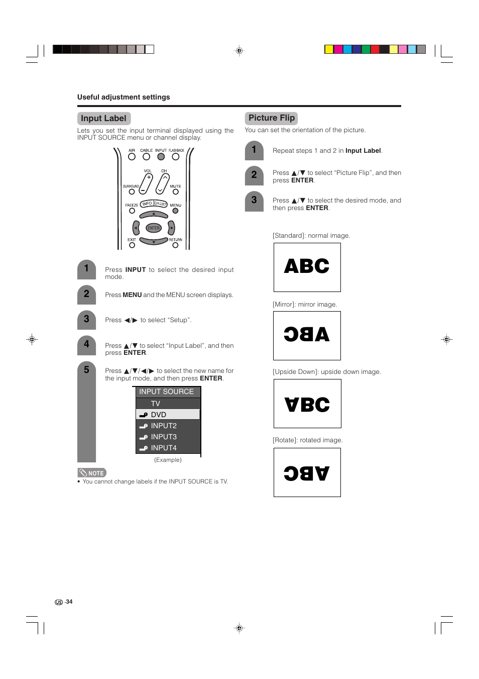 Input label, Picture flip | Sharp Aquos LC 32D4U User Manual | Page 35 / 61