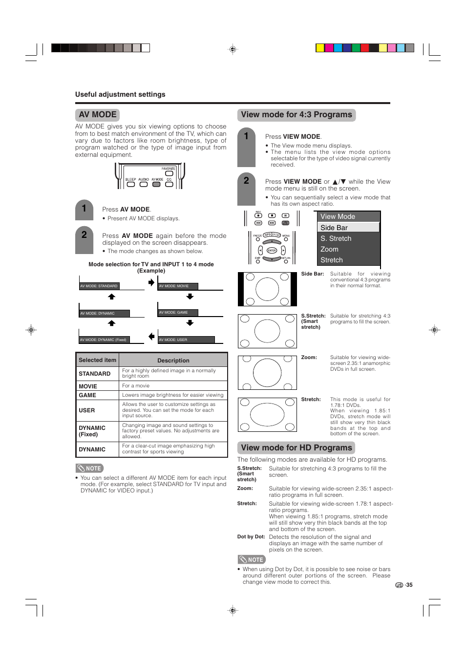 Av mode, View mode for 4:3 programs, View mode for hd programs | Sharp Aquos LC 32D4U User Manual | Page 36 / 61