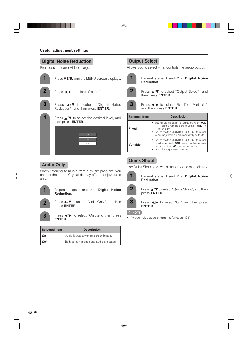 Digital noise reduction, Audio only, Output select | Quick shoot | Sharp Aquos LC 32D4U User Manual | Page 37 / 61