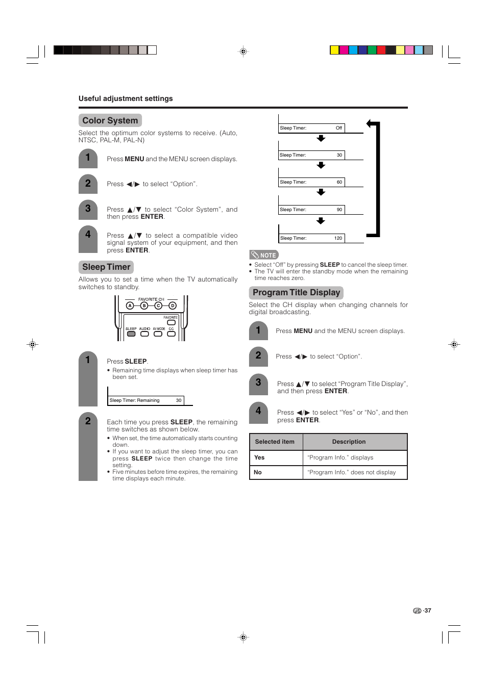 Color system, Sleep timer, Program title display | Sharp Aquos LC 32D4U User Manual | Page 38 / 61