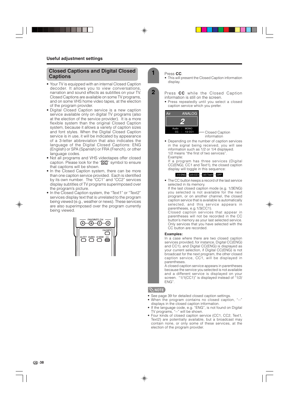 Closed captions and digital closed captions | Sharp Aquos LC 32D4U User Manual | Page 39 / 61