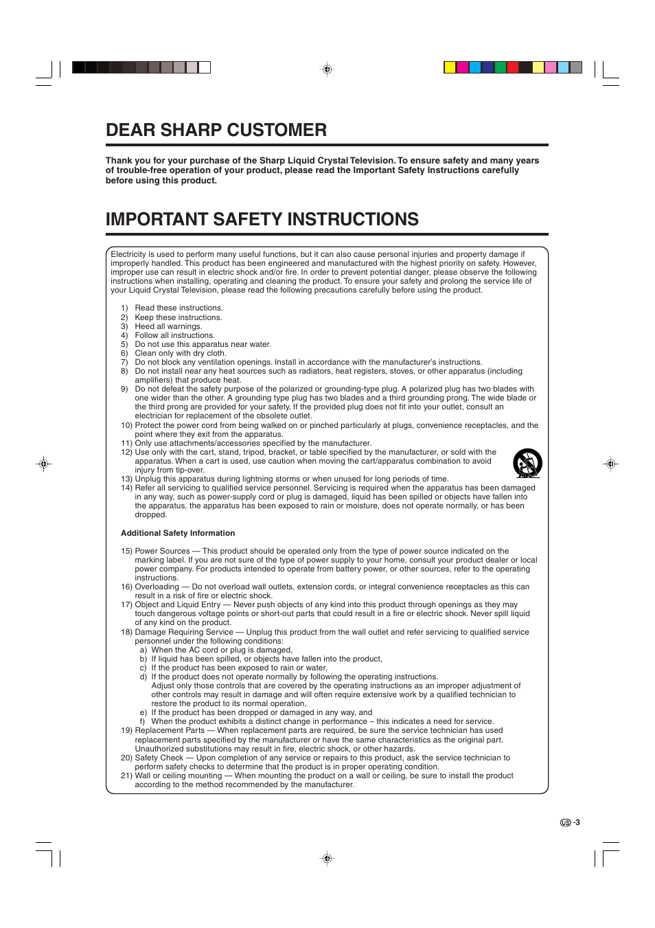 Dear sharp customer, Important safety instructions | Sharp Aquos LC 32D4U User Manual | Page 4 / 61