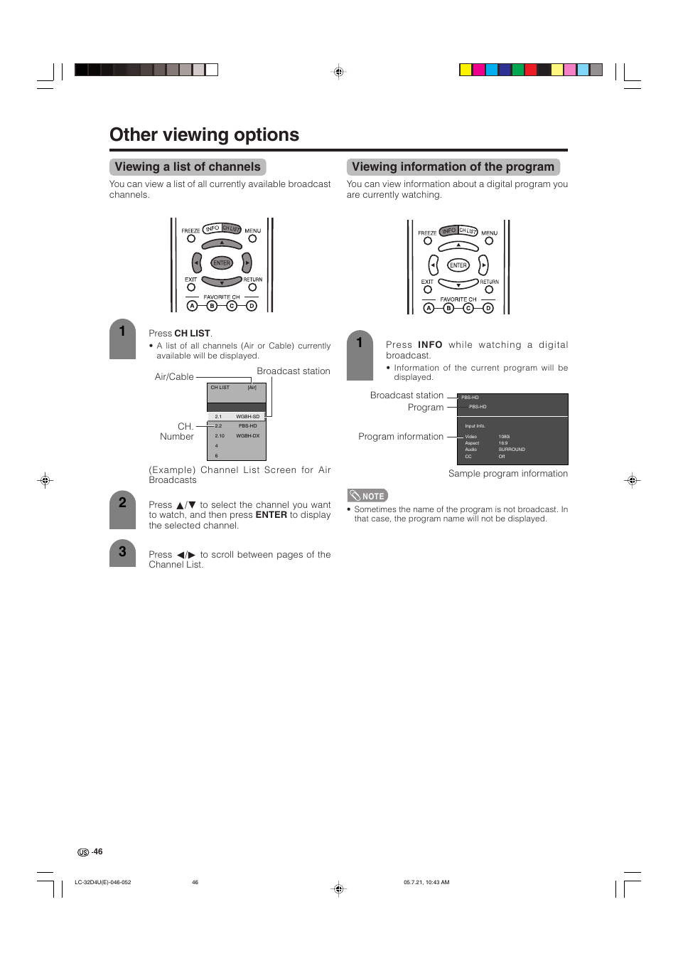 Other viewing options, Viewing a list of channels, Viewing information of the program | Sharp Aquos LC 32D4U User Manual | Page 47 / 61