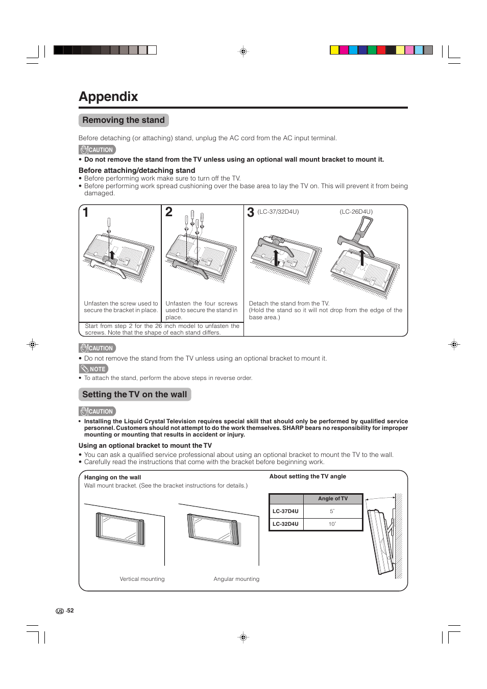 Appendix, Removing the stand, Setting the tv on the wall | Sharp Aquos LC 32D4U User Manual | Page 53 / 61