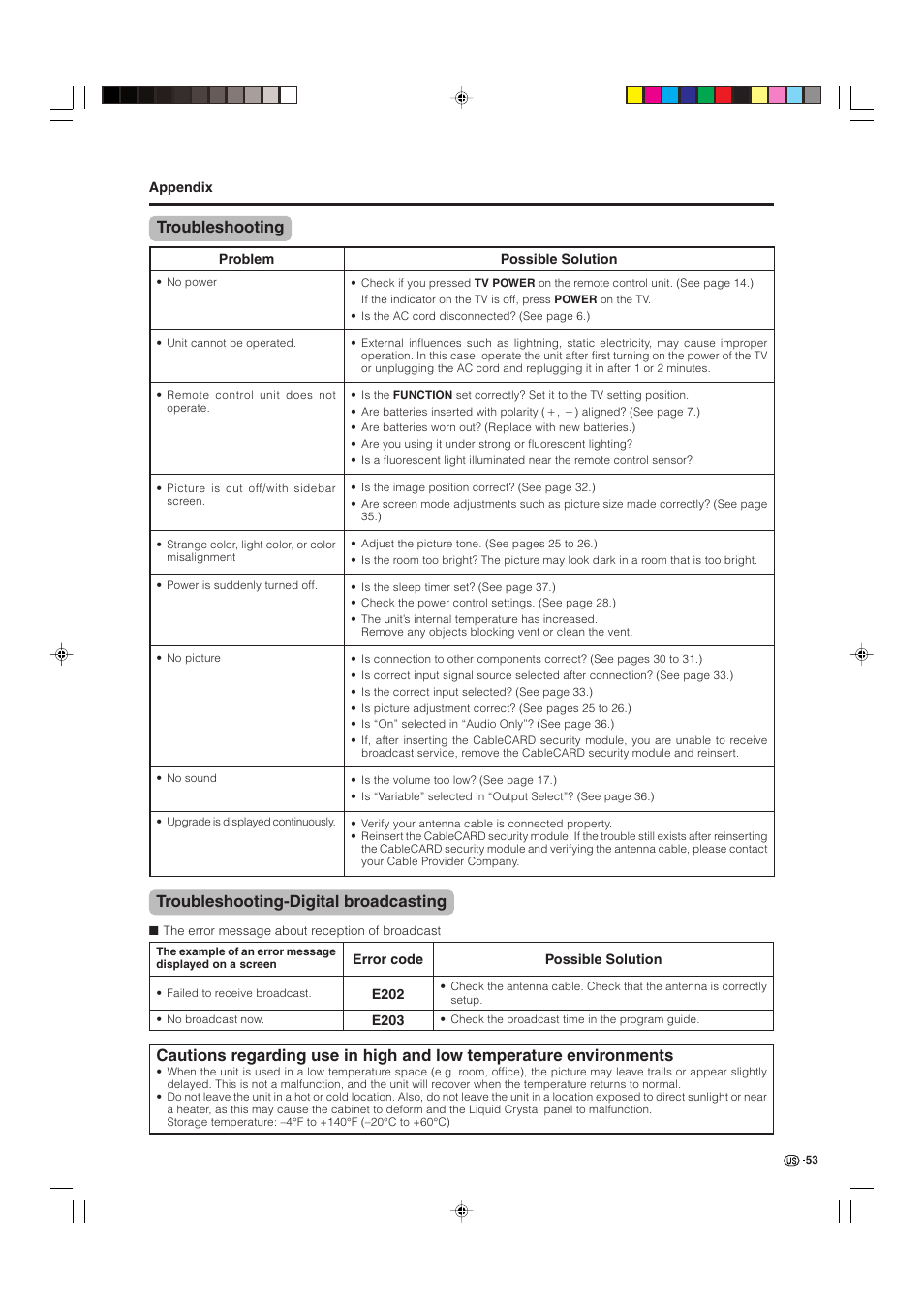 Troubleshooting, Troubleshooting-digital broadcasting | Sharp Aquos LC 32D4U User Manual | Page 54 / 61