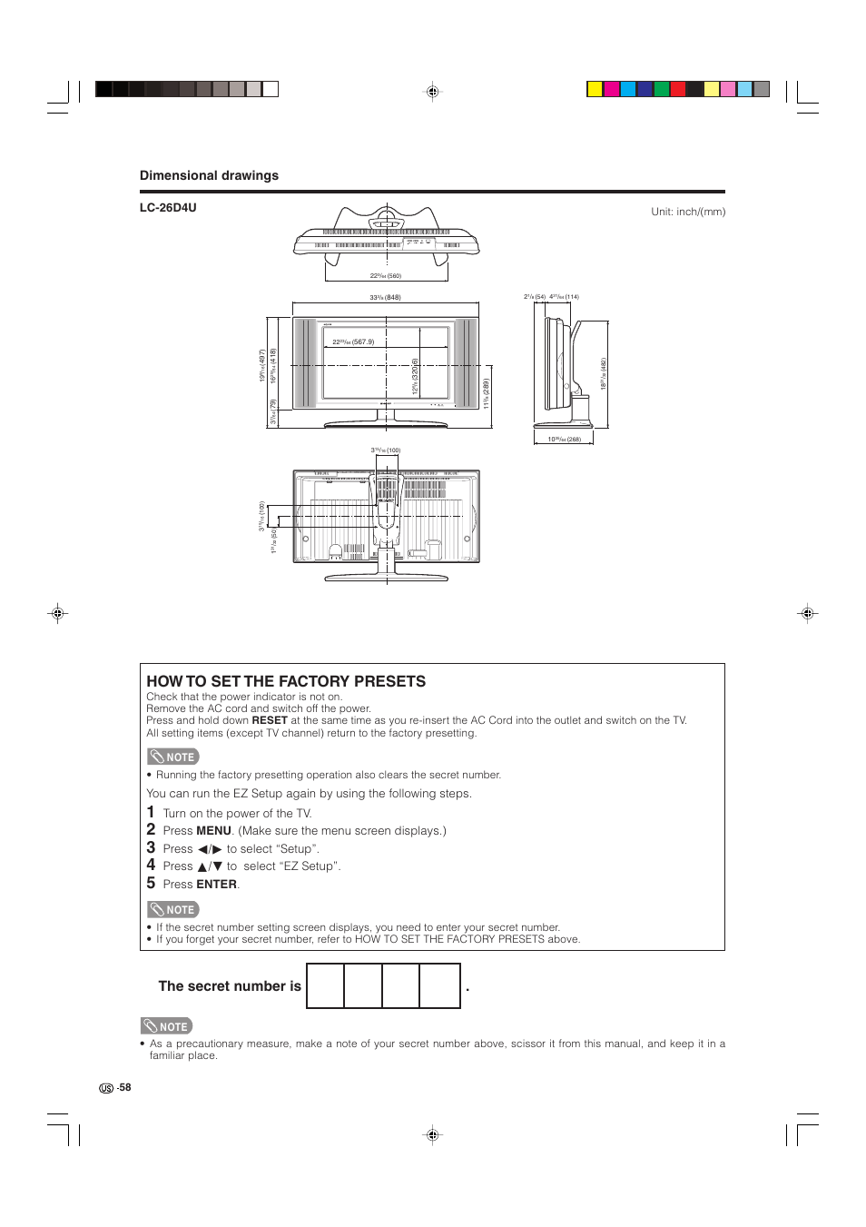 How to set the factory presets, The secret number is, Dimensional drawings | Lc-26d4u, Turn on the power of the tv, Press menu . (make sure the menu screen displays.), Press c/d to select “setup, Press a/b to select “ez setup, Press enter | Sharp Aquos LC 32D4U User Manual | Page 59 / 61