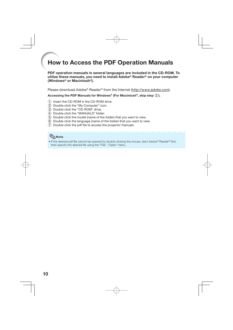 How to access the pdf operation manuals | Sharp Notevision XR-50S User Manual | Page 14 / 78