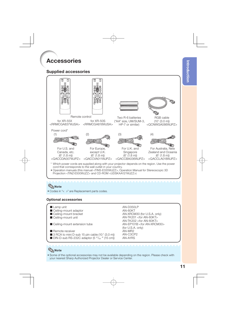 Accessories, Supplied accessories, Intr oduction | Sharp Notevision XR-50S User Manual | Page 15 / 78