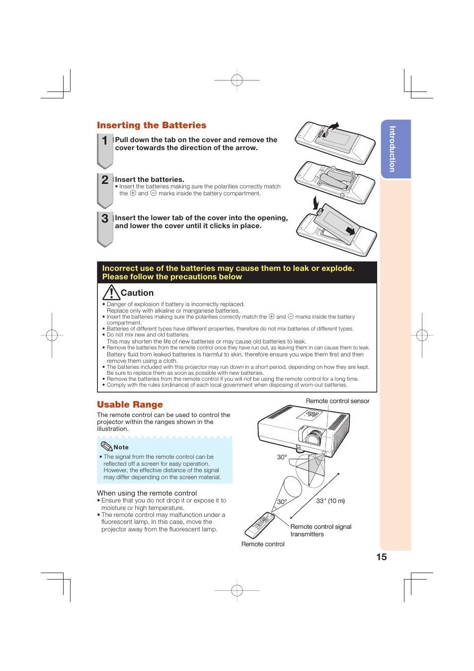 Inserting the batteries, Usable range | Sharp Notevision XR-50S User Manual | Page 19 / 78
