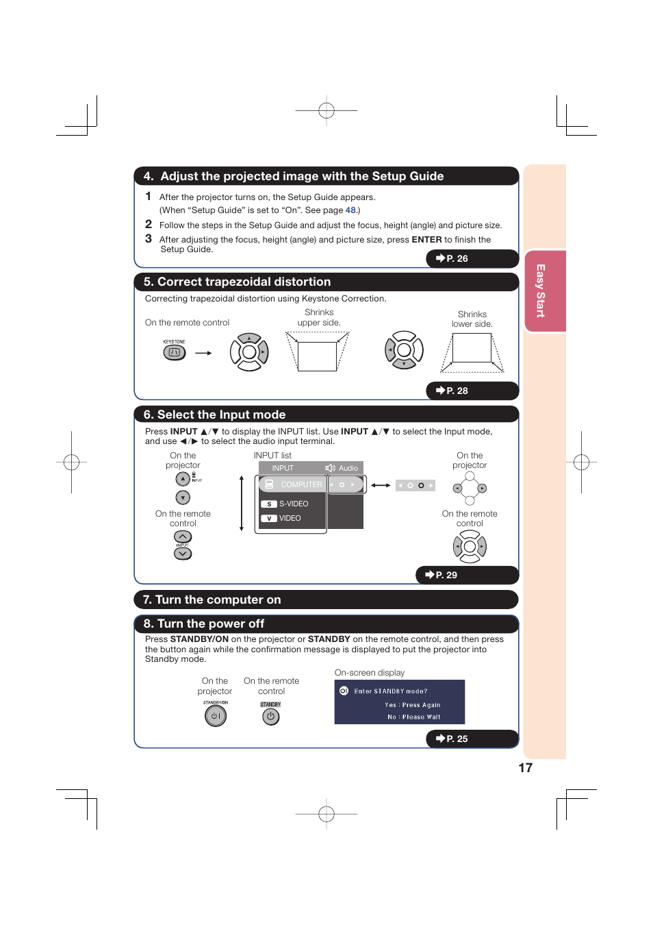 Adjust the projected image with the setup guide, Correct trapezoidal distortion, Select the input mode | Turn the computer on, Turn the power off | Sharp Notevision XR-50S User Manual | Page 21 / 78