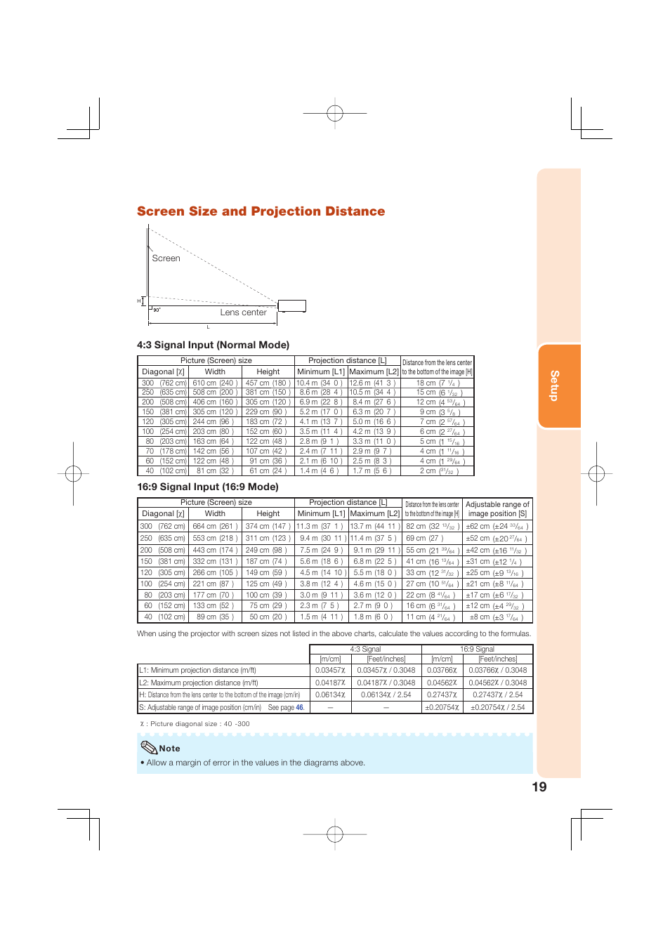 Screen size and projection distance, Setup, 3 signal input (normal mode) | 9 signal input (16:9 mode) | Sharp Notevision XR-50S User Manual | Page 23 / 78