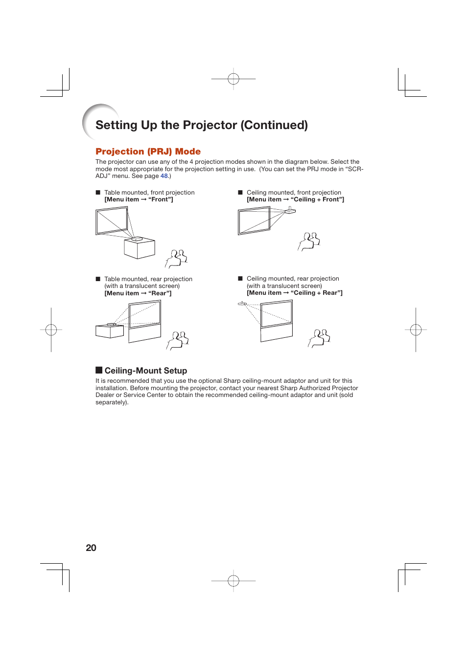 Setting up the projector (continued), Projection (prj) mode, A ceiling-mount setup | Sharp Notevision XR-50S User Manual | Page 24 / 78