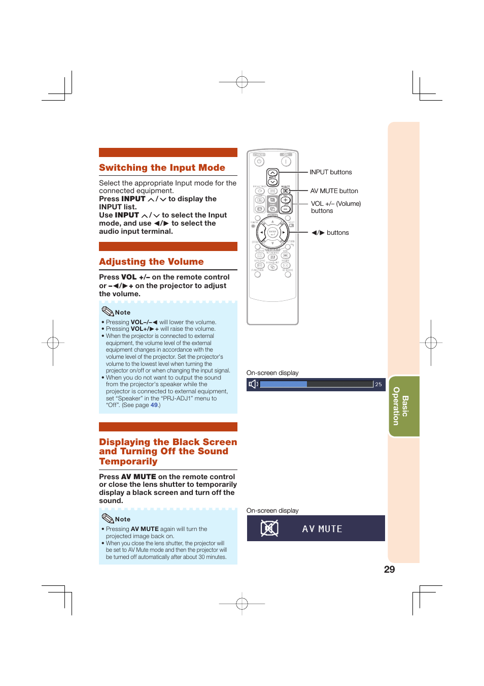 Switching the input mode, Adjusting the volume | Sharp Notevision XR-50S User Manual | Page 33 / 78