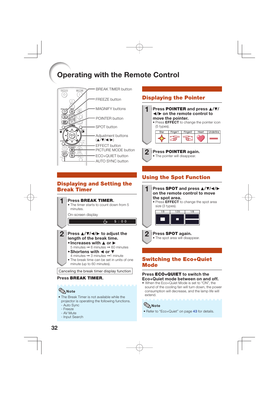 Operating with the remote control, Displaying and setting the break timer, Displaying the pointer | Using the spot function, Switching the eco+quiet mode | Sharp Notevision XR-50S User Manual | Page 36 / 78