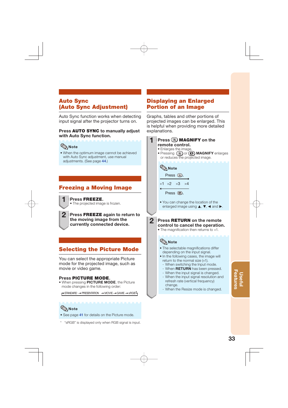 Auto sync (auto sync adjustment), Freezing a moving image, Selecting the picture mode | Displaying an enlarged portion of an image | Sharp Notevision XR-50S User Manual | Page 37 / 78