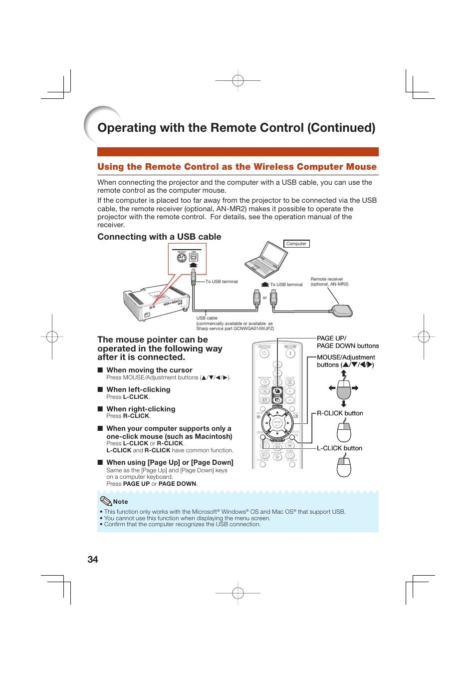 Operating with the remote control (continued), Connecting with a usb cable | Sharp Notevision XR-50S User Manual | Page 38 / 78