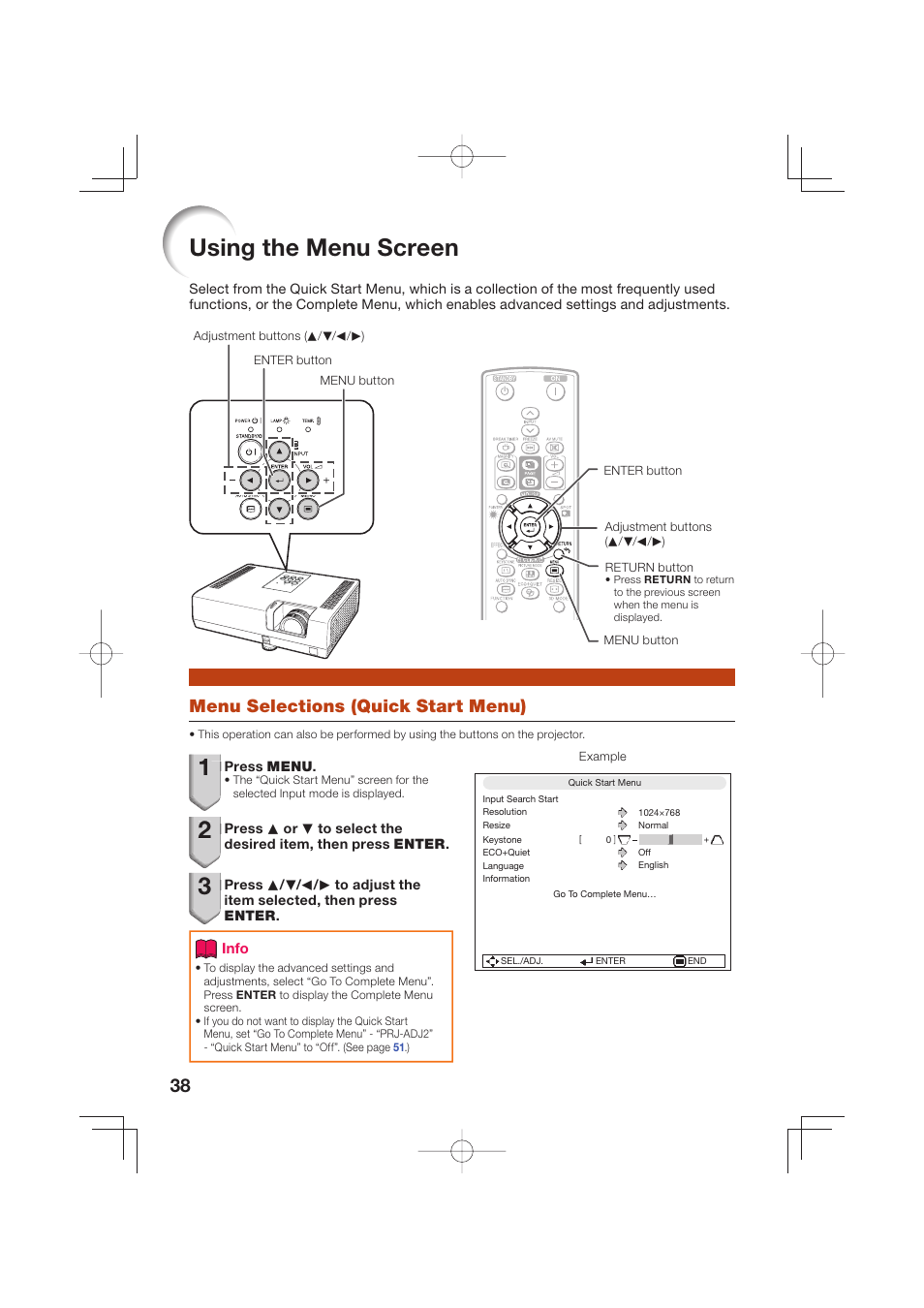 Using the menu screen, Menu selections (quick start menu) | Sharp Notevision XR-50S User Manual | Page 42 / 78