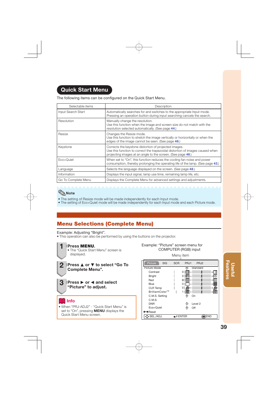 Quick start menu, Menu selections (complete menu), Useful featur es | Sharp Notevision XR-50S User Manual | Page 43 / 78