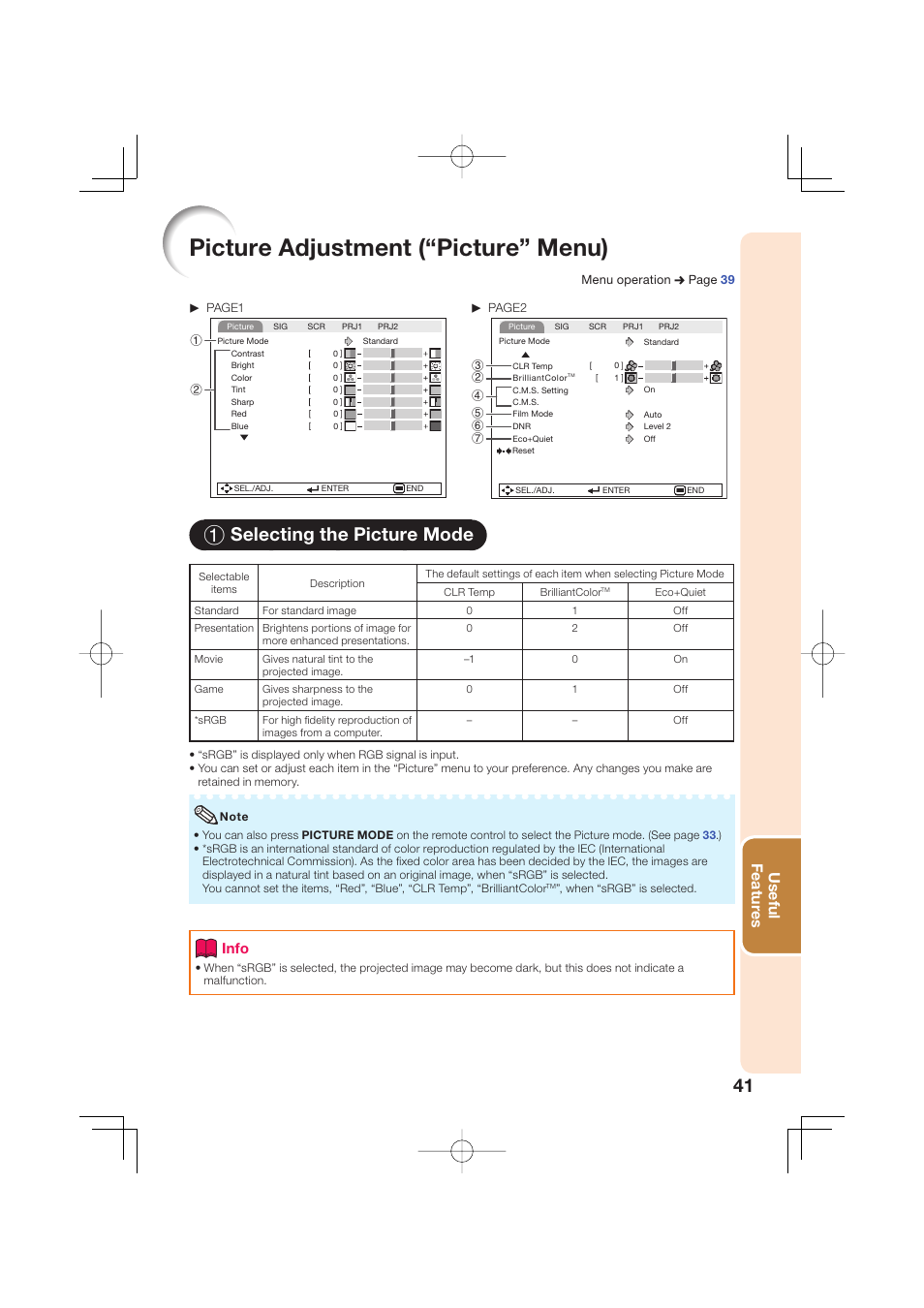 Picture adjustment (“picture” menu), 1 selecting the picture mode, Useful featur es | Info | Sharp Notevision XR-50S User Manual | Page 45 / 78