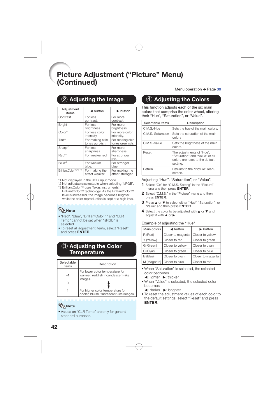 Picture adjustment (“picture” menu) (continued), 2 adjusting the image, 3 adjusting the color temperature | 4 adjusting the colors | Sharp Notevision XR-50S User Manual | Page 46 / 78