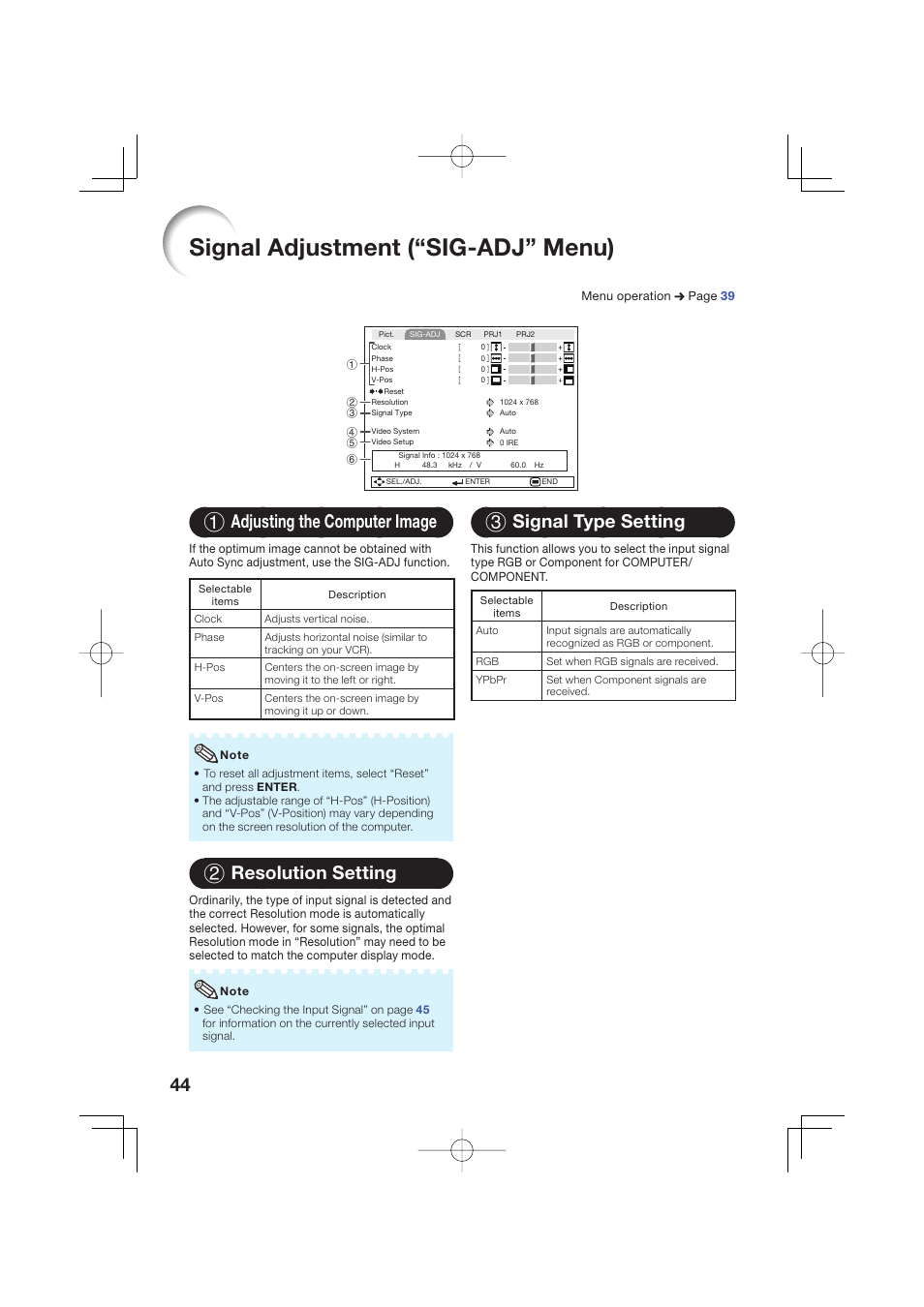 Signal adjustment (“sig-adj” menu), 1 adjusting the computer image, 2 resolution setting | 3 signal type setting | Sharp Notevision XR-50S User Manual | Page 48 / 78