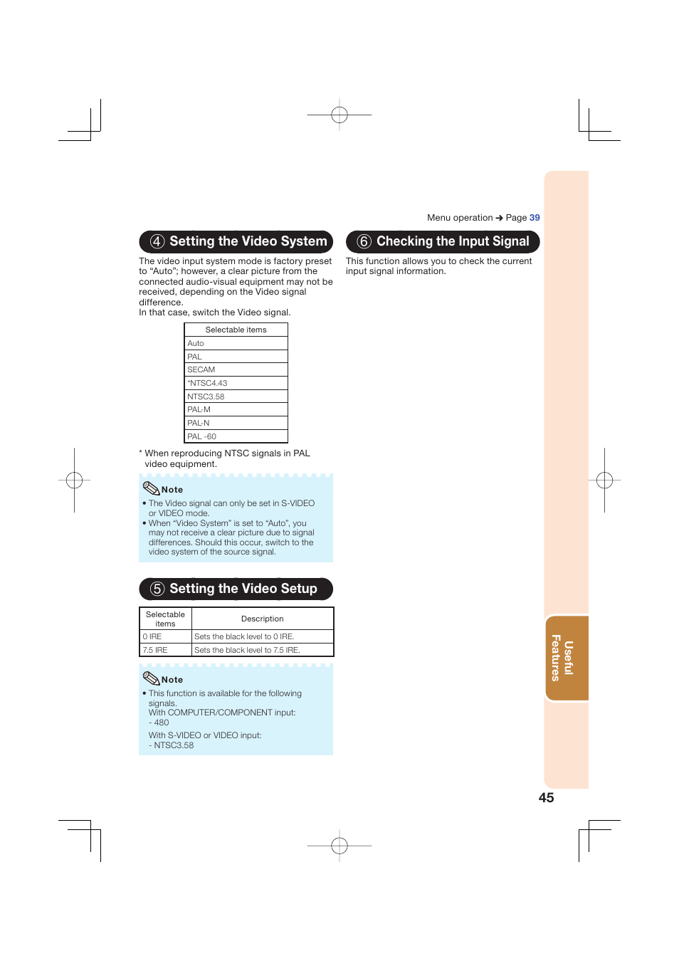 4 setting the video system, 5 setting the video setup, 6 checking the input signal | Sharp Notevision XR-50S User Manual | Page 49 / 78