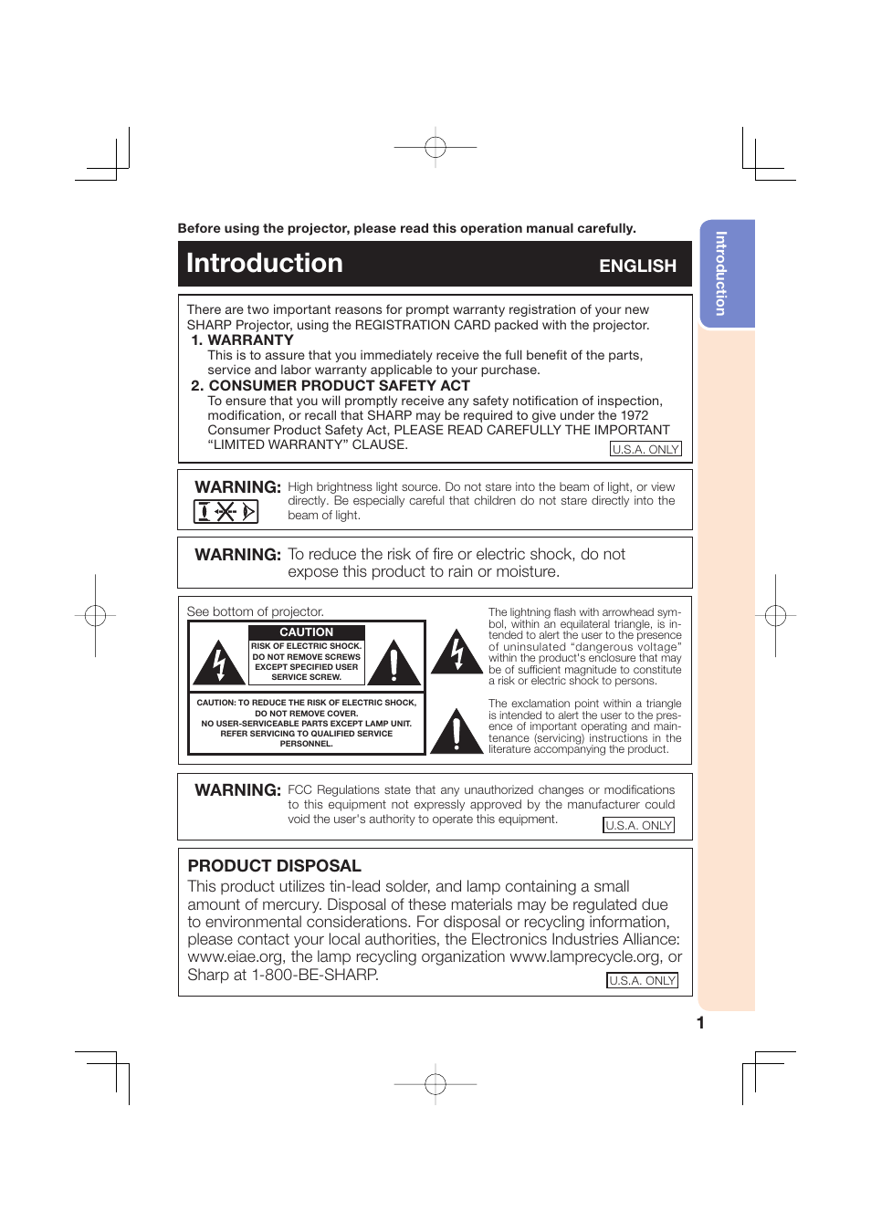 Introduction, English, Warning | Product disposal | Sharp Notevision XR-50S User Manual | Page 5 / 78