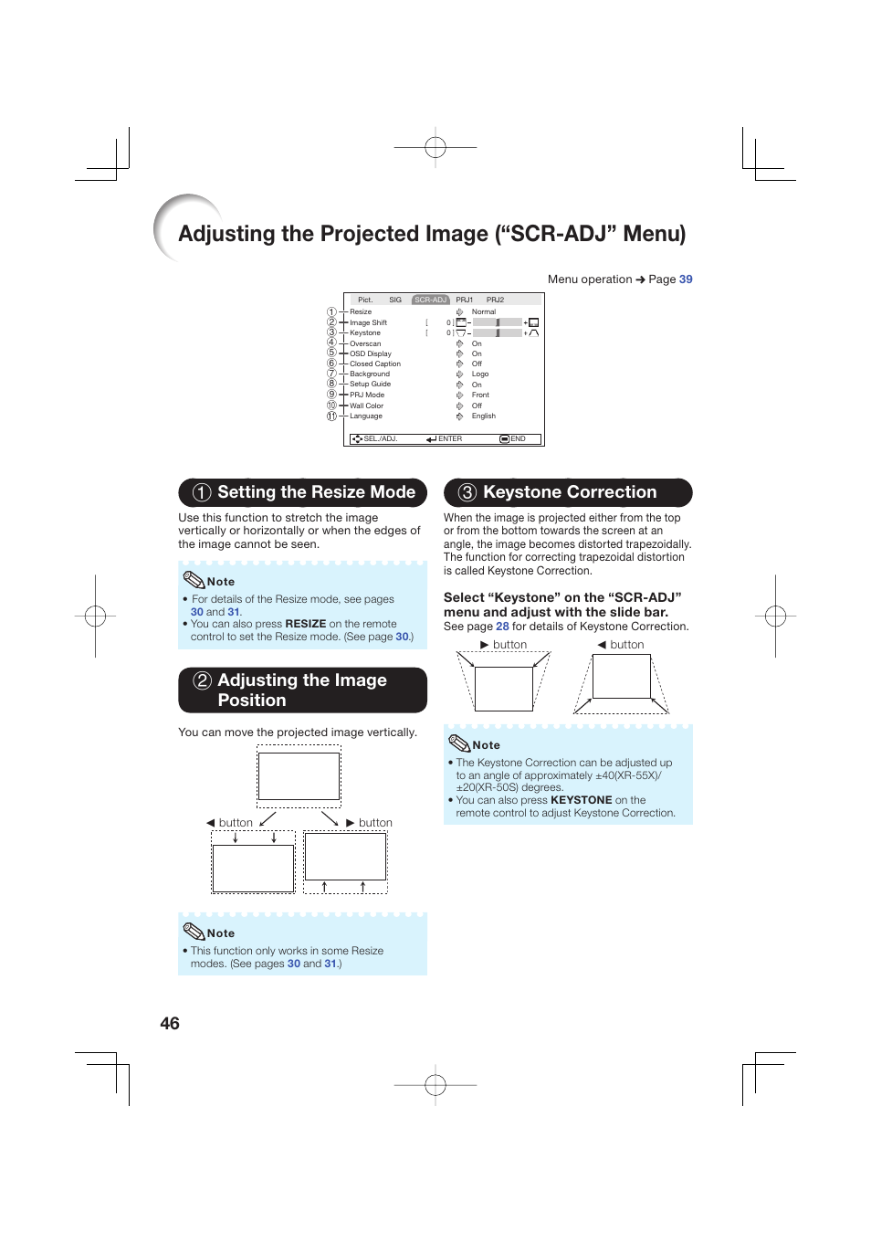 Adjusting the projected image (“scr-adj” menu), 1 setting the resize mode, 2 adjusting the image position | 3 keystone correction | Sharp Notevision XR-50S User Manual | Page 50 / 78