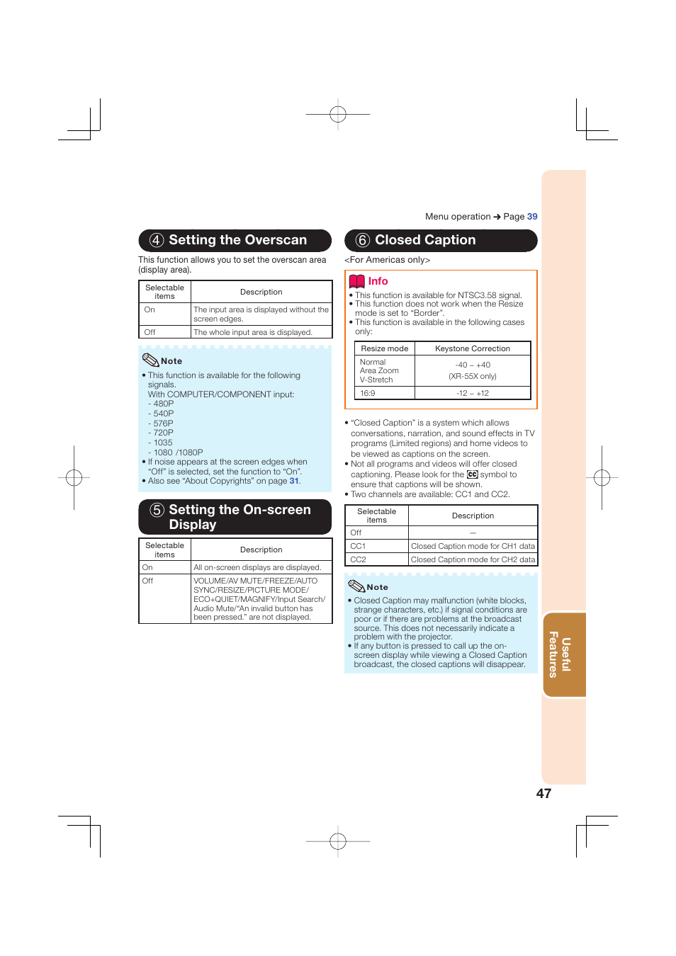 4 setting the overscan, 5 setting the on-screen display, 6 closed caption | Useful featur es | Sharp Notevision XR-50S User Manual | Page 51 / 78
