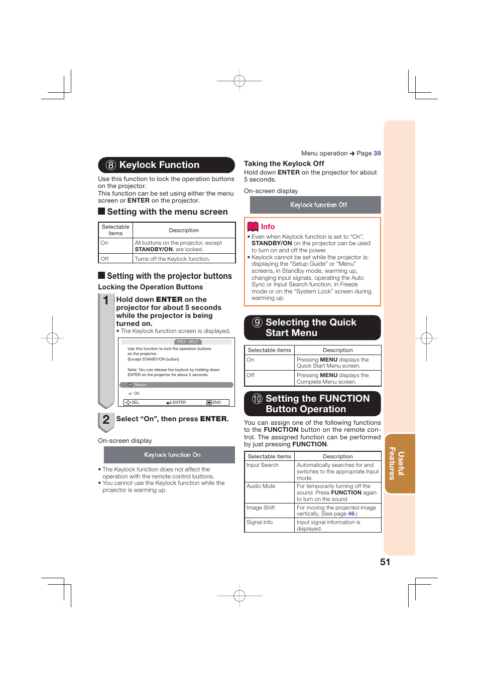 8 keylock function, 9 selecting the quick start menu, 0 setting the function button operation | A setting with the menu screen, A setting with the projector buttons | Sharp Notevision XR-50S User Manual | Page 55 / 78