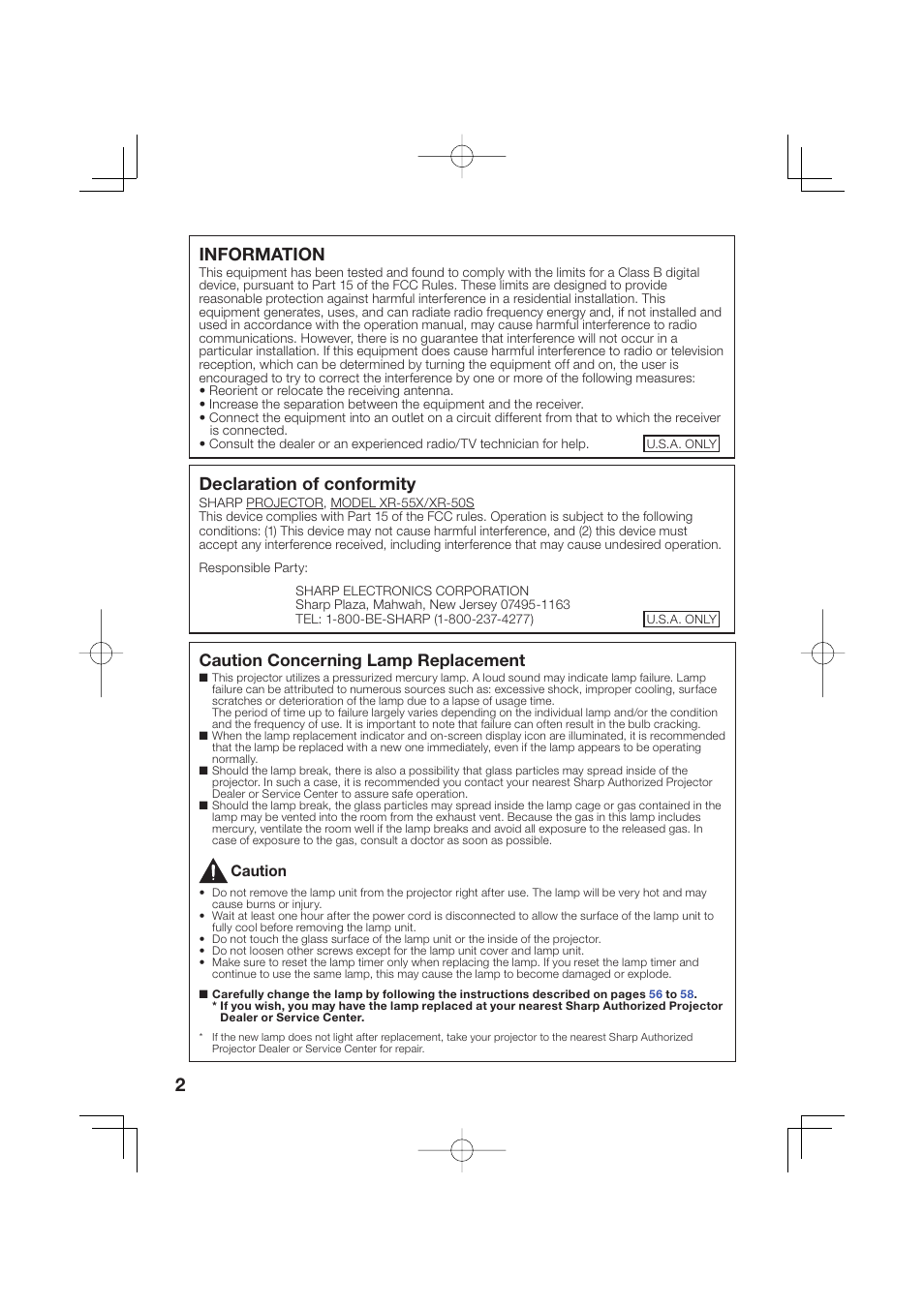 Information, Declaration of conformity, Caution concerning lamp replacement | Sharp Notevision XR-50S User Manual | Page 6 / 78