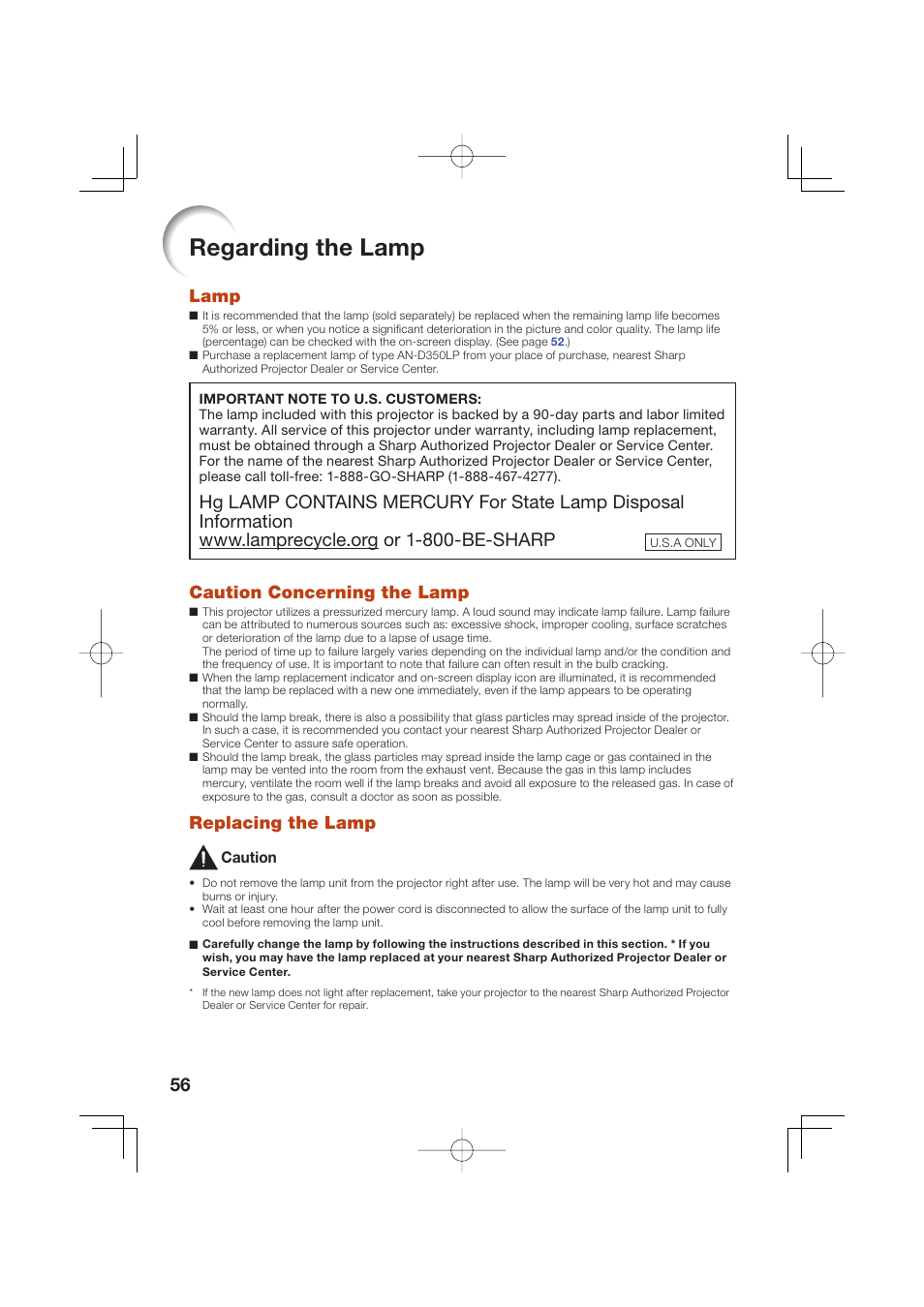 Regarding the lamp, Lamp, Caution concerning the lamp | Replacing the lamp | Sharp Notevision XR-50S User Manual | Page 60 / 78