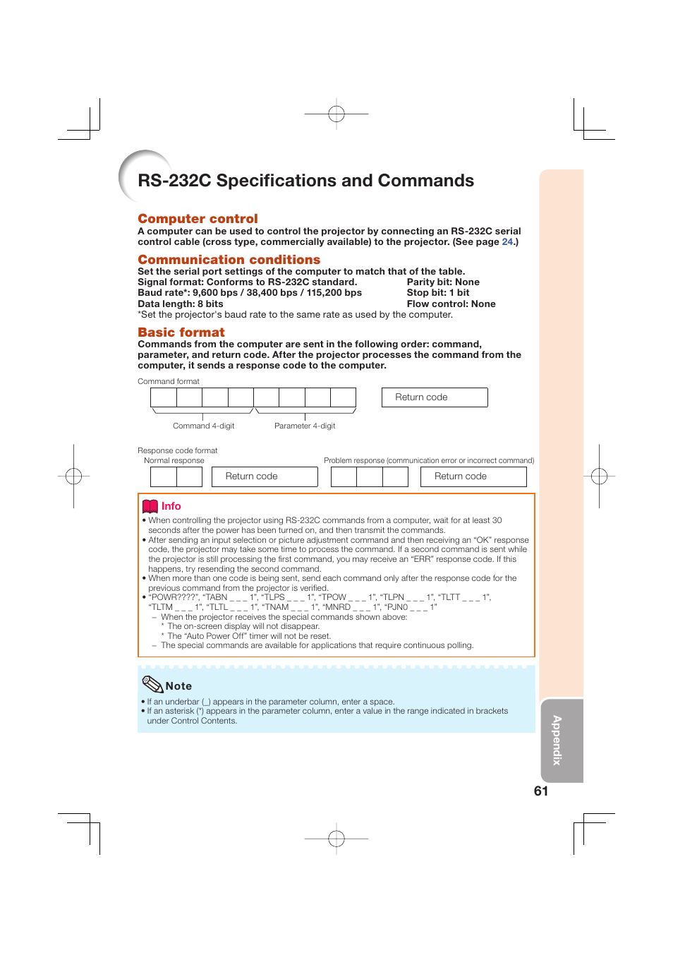 Rs-232c specifi cations and commands, Computer control, Communication conditions | Basic format | Sharp Notevision XR-50S User Manual | Page 65 / 78