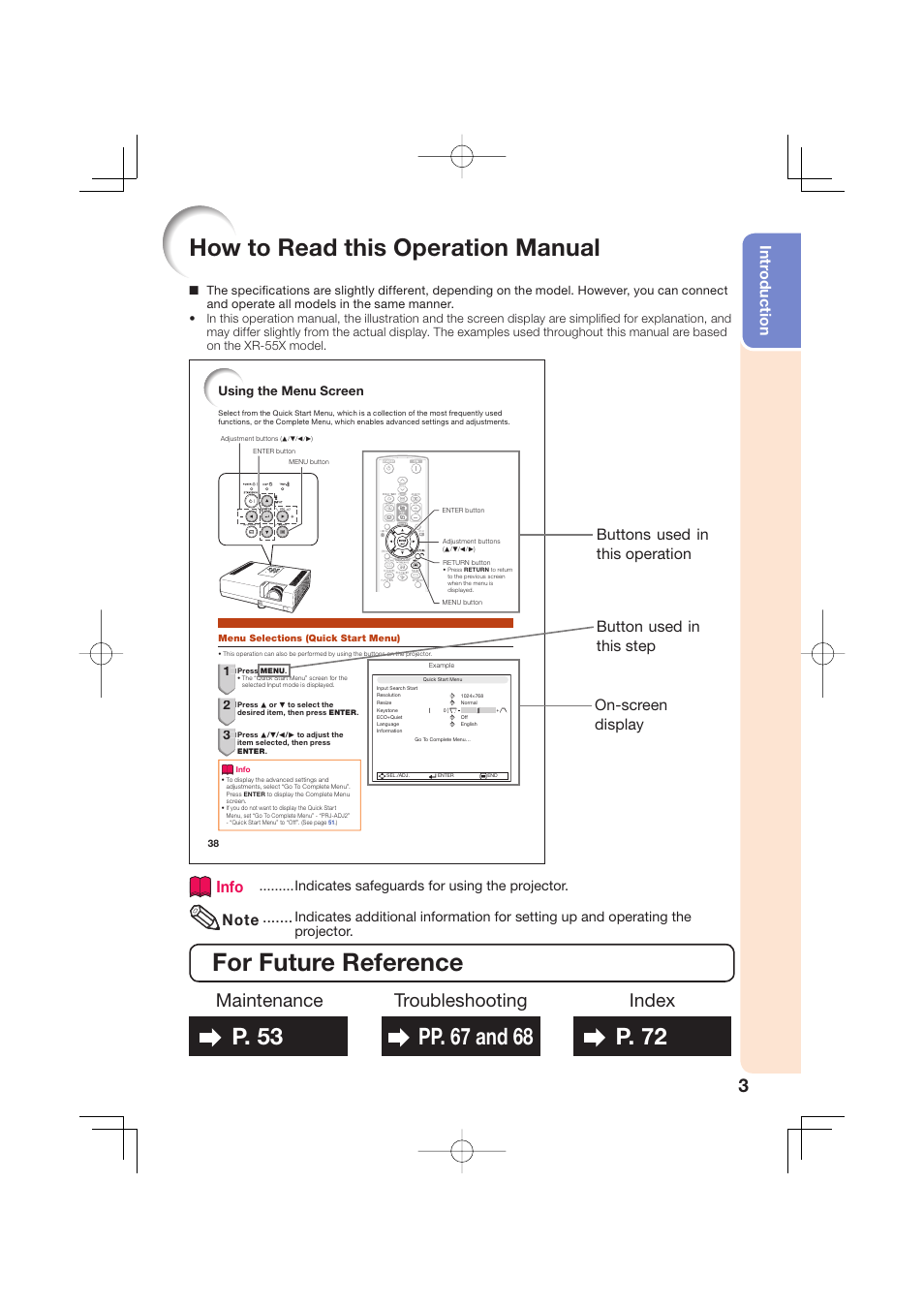 For future reference, How to read this operation manual, P. 53 | Pp. 67 and 68, P. 72, Maintenance, Troubleshooting, Index, Intr oduction, Indicates safeguards for using the projector | Sharp Notevision XR-50S User Manual | Page 7 / 78