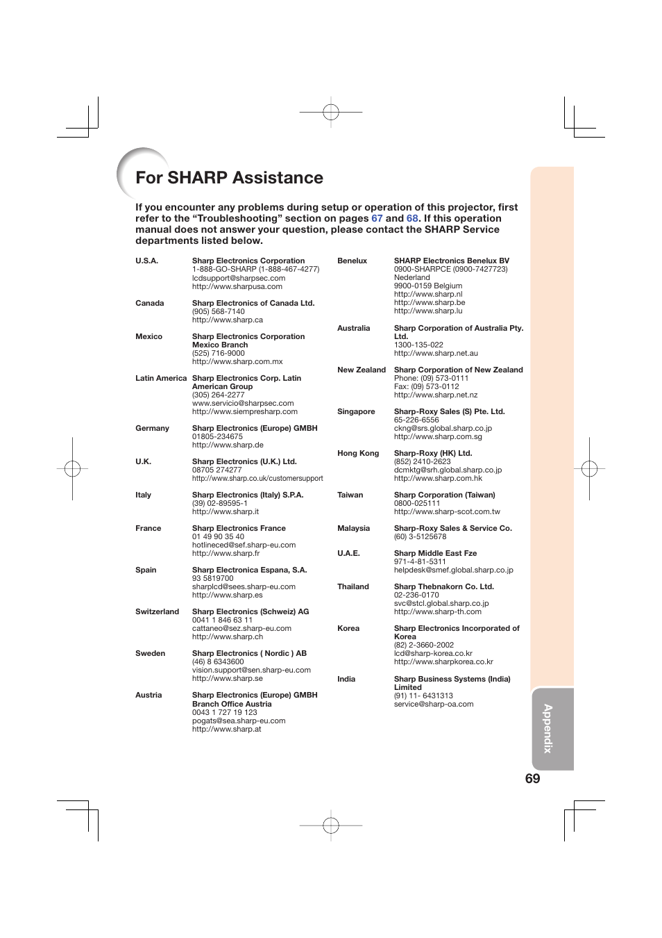 For sharp assistance, Appendix | Sharp Notevision XR-50S User Manual | Page 73 / 78