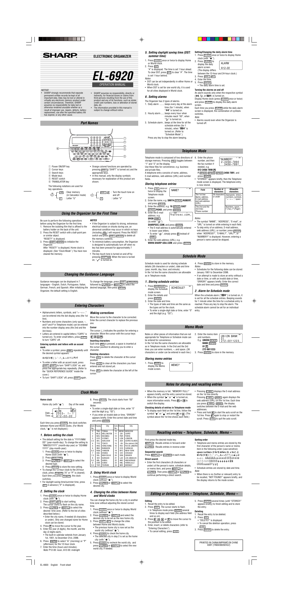 Sharp EL-6920 User Manual | 2 pages