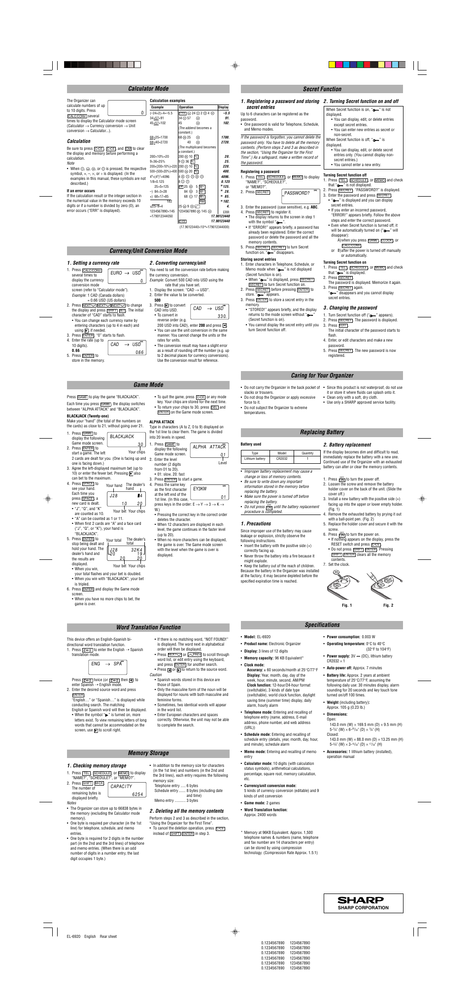 Secret function replacing battery, Specifications, Calculator mode | Game mode, Word translation function | Sharp EL-6920 User Manual | Page 2 / 2